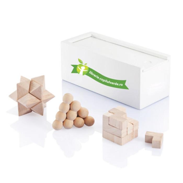 Set 3 jocuri Brain Teaser din lemn natur, în cutie elegantă